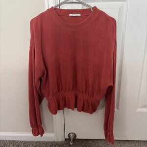 Zara long sleeve top | ribbed terry cloth | brick red ruffle cinched waist